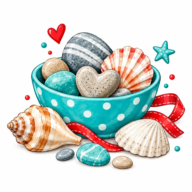 Petrolfarbene Tupfenschale voller gesammelter Steine und Muscheln, davor Schneckenhaus und Kiesel