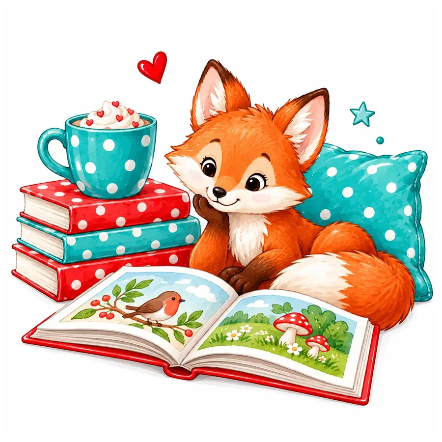 Roter Fuchs liest in einem Bilderbuch, daneben Bücherstapel, Kakao und Sternchen-Herzen