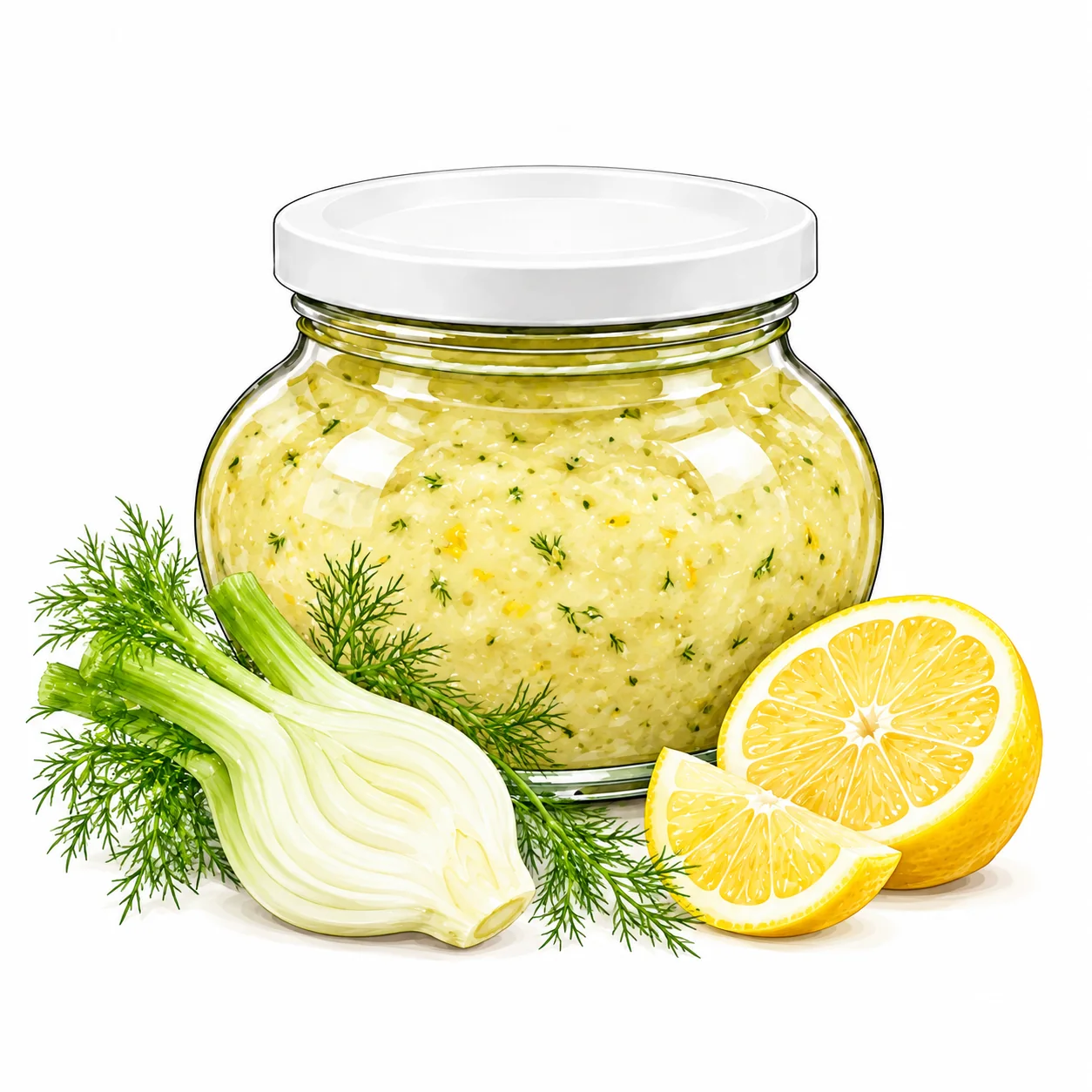 Glas mit Fenchel-Zitrone-Paste und ihren Zutaten
