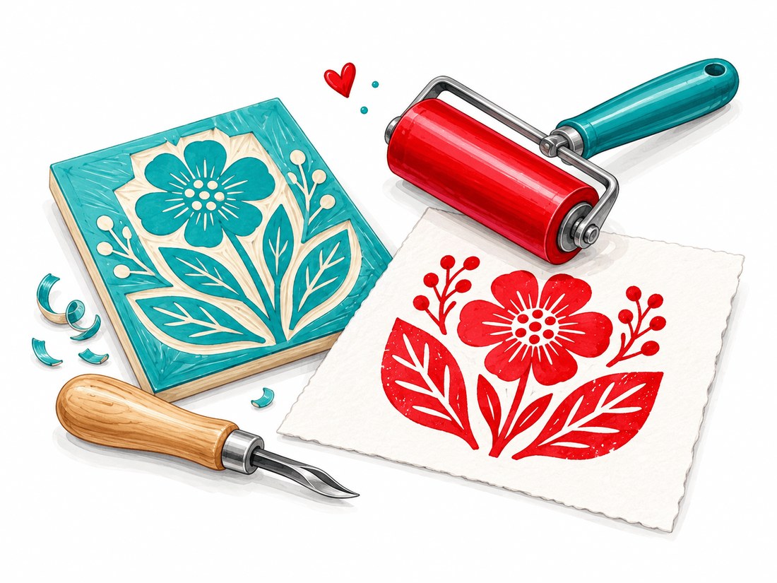 Türkise Linolplatte mit Blumenmotiv, rote Farbwalze und ein roter Blumendruck auf Papier