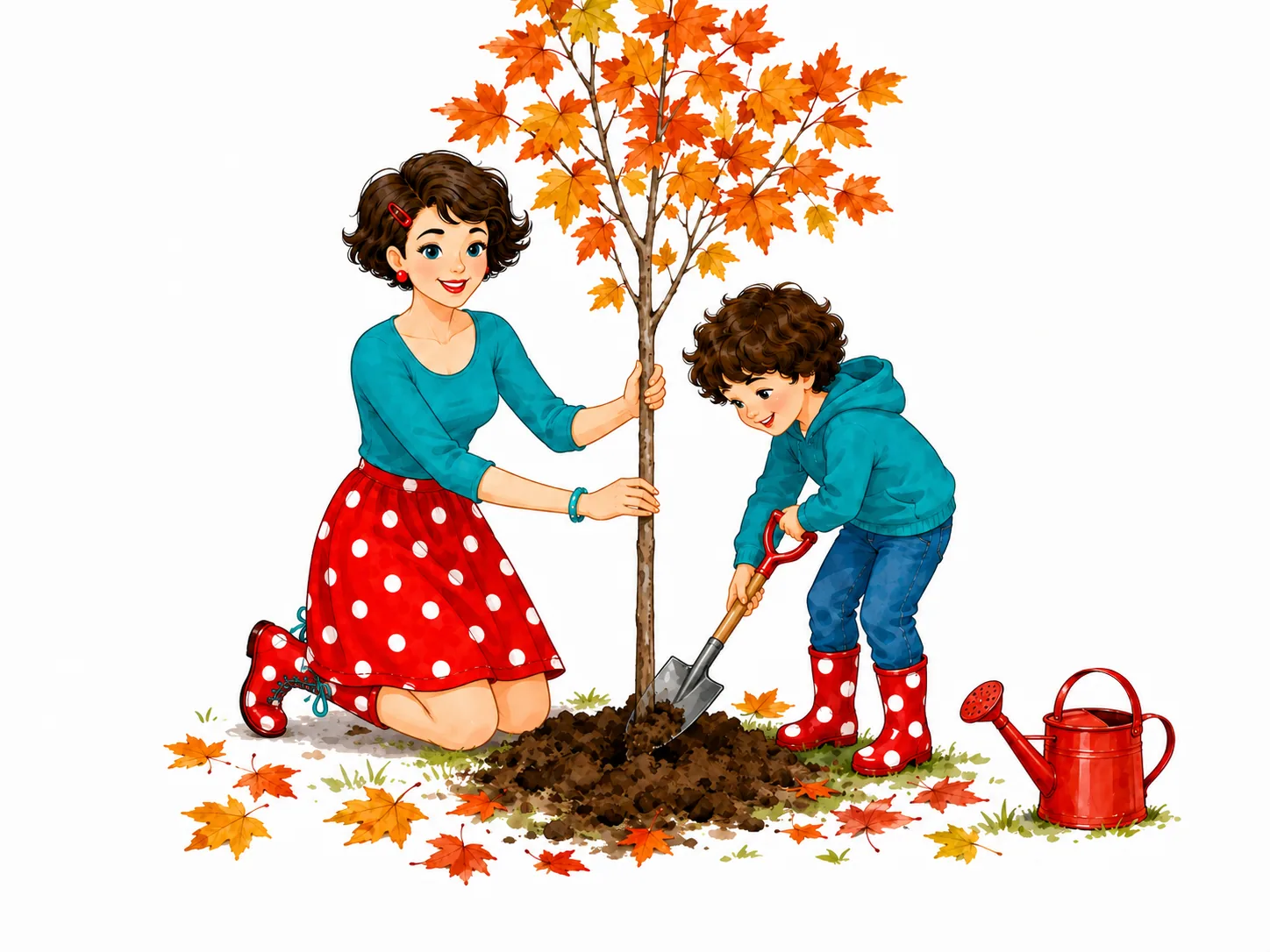 Illustration: Tante Ema und ein Kind pflanzen im Herbst gemeinsam einen jungen Baum mit orangen Ahornblättern ein