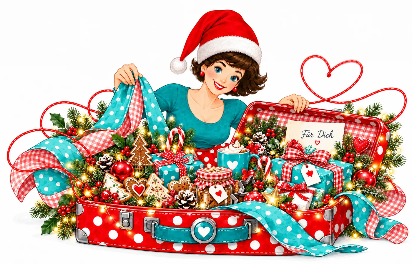 Tante Ema öffnet einen roten Punktkoffer voller verpackter Weihnachtsgeschenke.