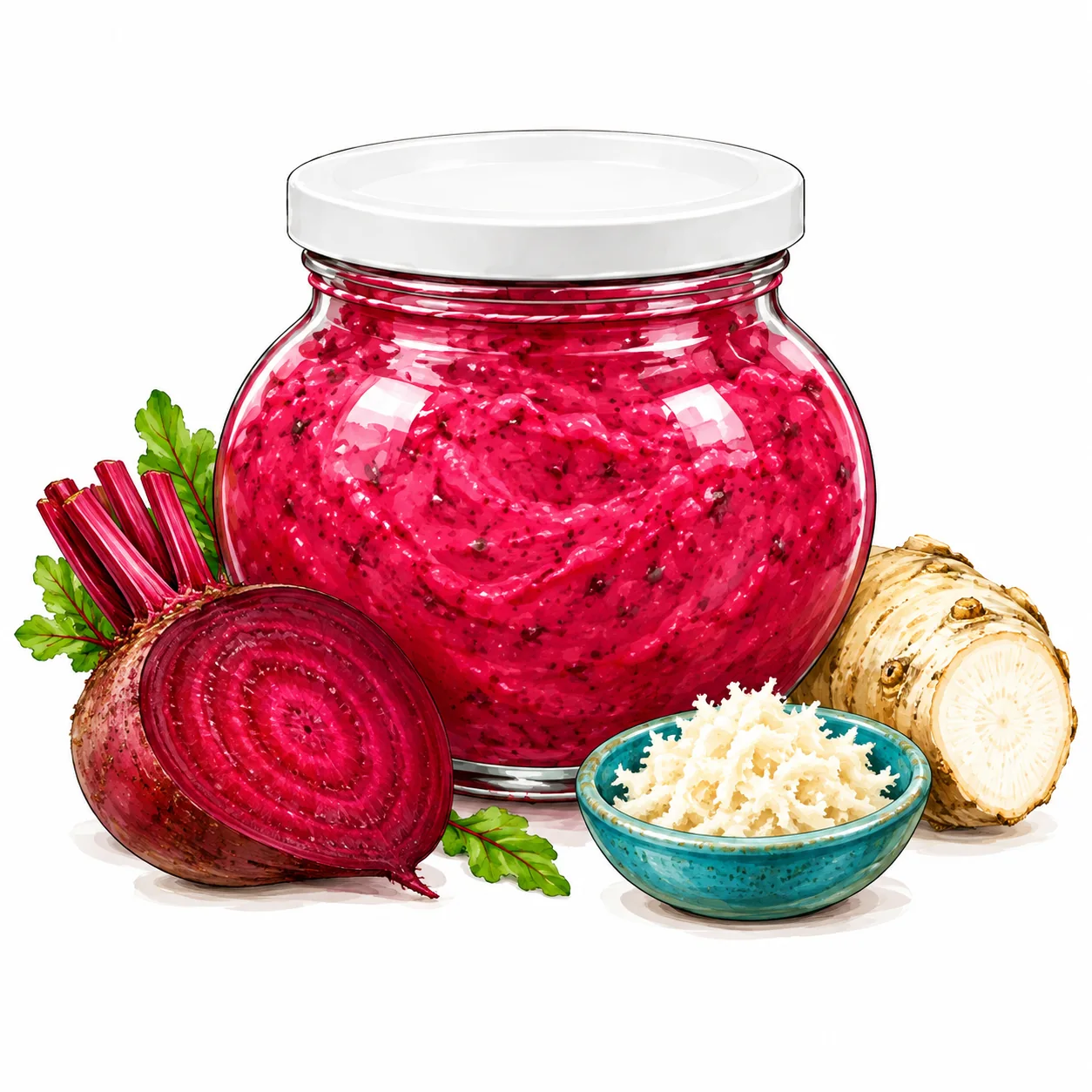 Glas mit Rote Bete-Meerrettich-Paste und ihren Zutaten