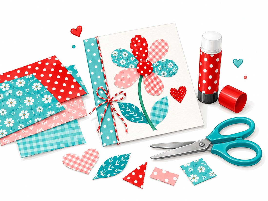 Papiercollage mit einer Blume aus gemustertem Papier, daneben Schere, Klebestift und Papierreste
