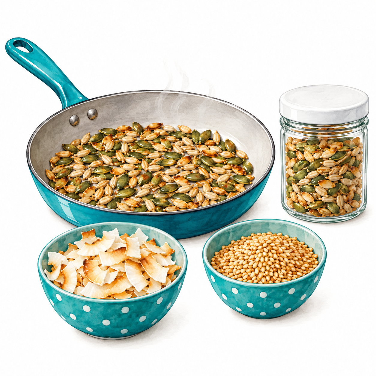 Geröstete Kürbiskerne in einer türkisen Pfanne mit feinen Dampfschwaden, daneben ein verschlossenes Vorratsglas mit denselben Kernen, zwei türkis gepunktete Schälchen mit Kokoschips und Sesam