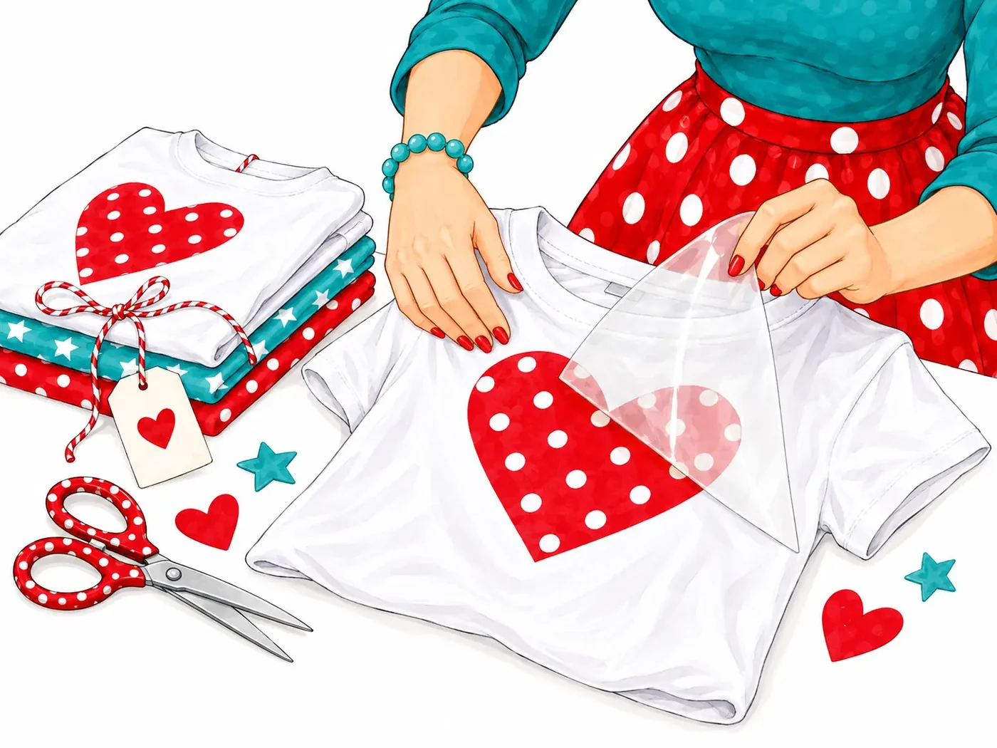 Illustration: Hände ziehen die transparente Trägerfolie von einem aufgebügelten Herz auf einem weißen T-Shirt