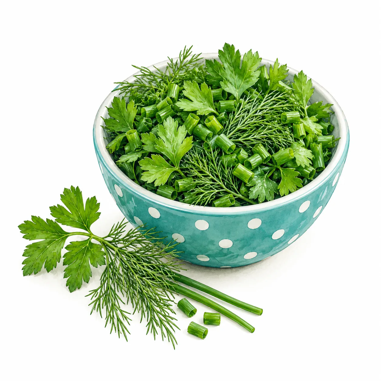 Schälchen mit Frische Kräuter: Petersilie, Dill, Schnittlauch