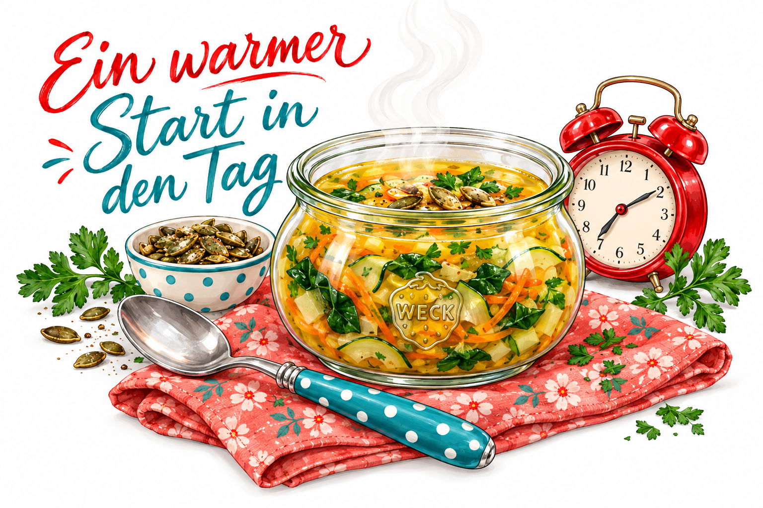 Ein warmer Start in den Tag: dampfendes Suppenglas mit Karotte, Zucchini und Babyspinat, daneben ein roter Wecker