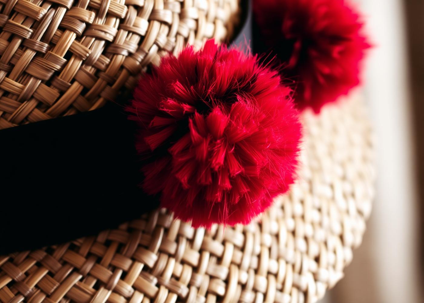 Bollenhut mit roten Bollen (Detailaufnahme)