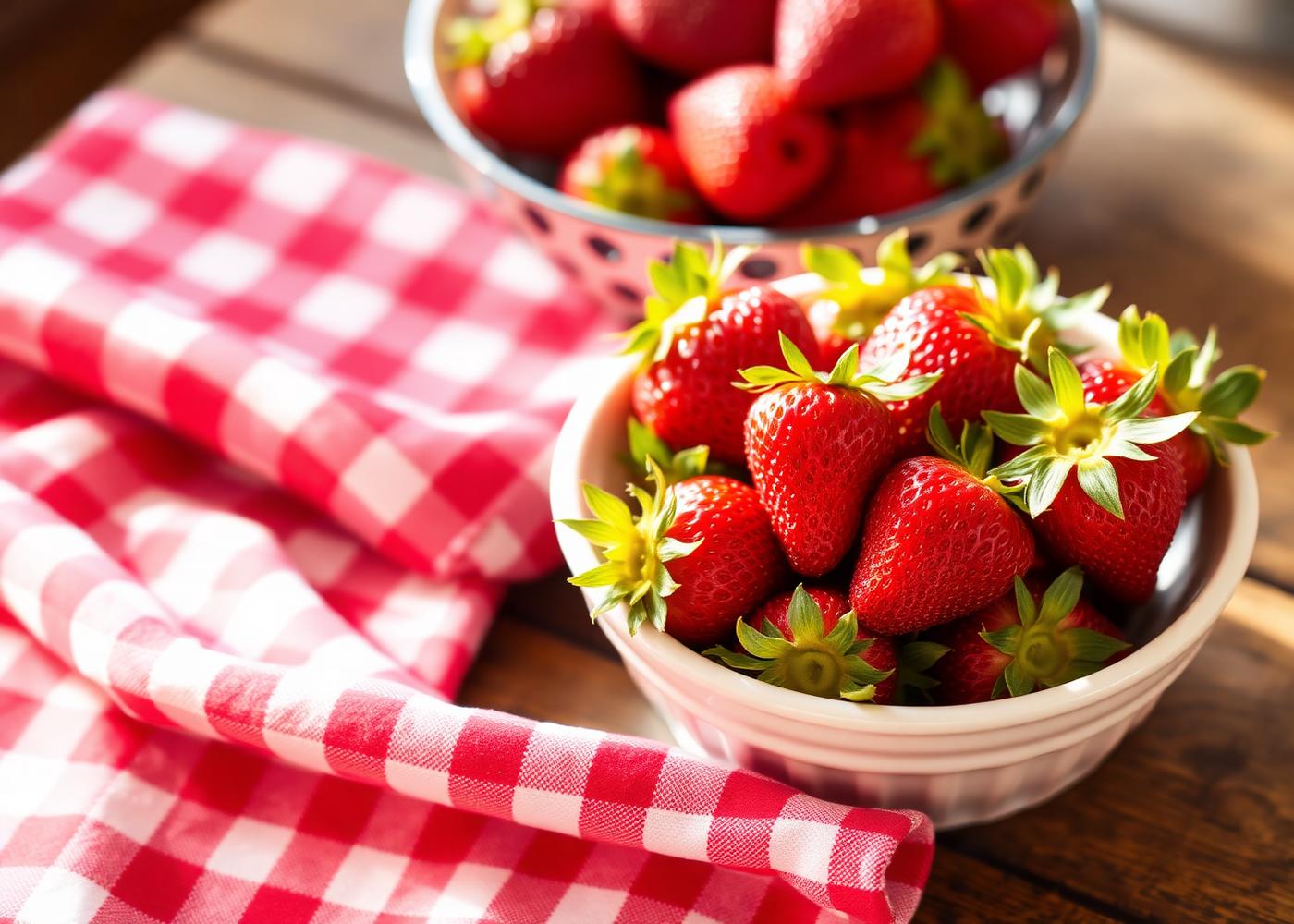 Schüssel mit Erdbeeren neben kariertem Tuch
