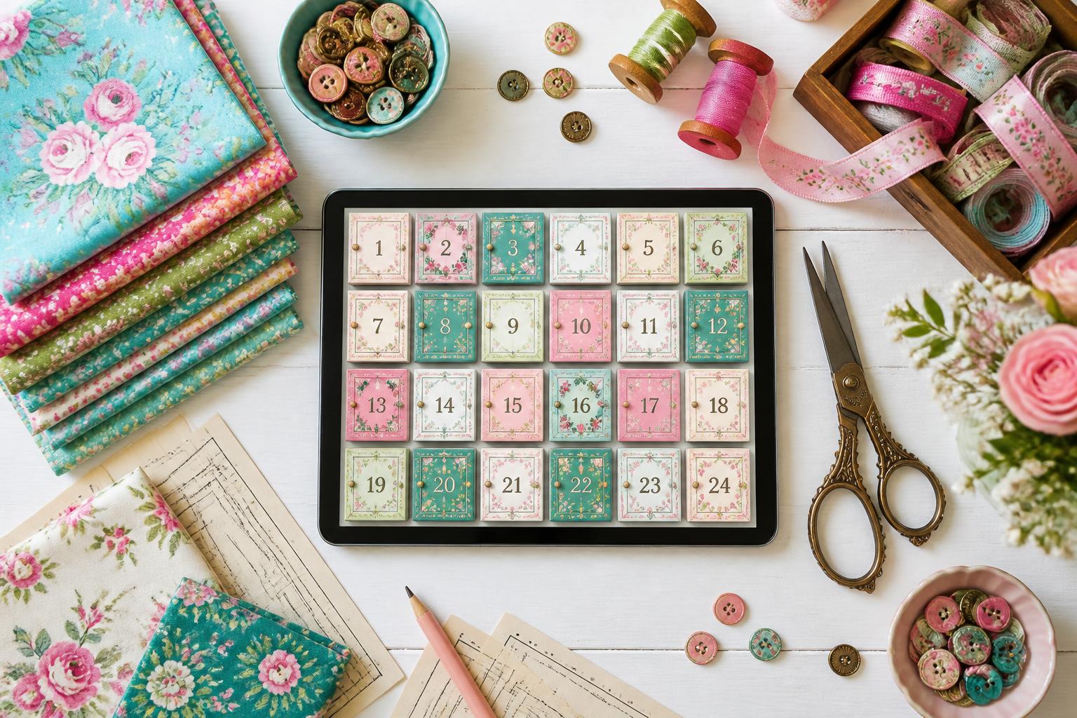 Tablet mit 24 verschlossenen digitalen Türchen, umgeben von Stoffen, Knöpfen und Bändern aus dem Tante-Ema-Studio
