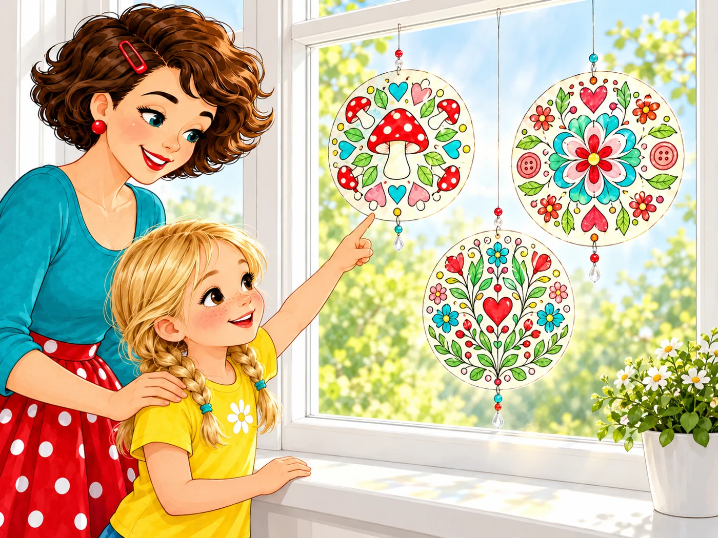 Tante Ema und ein Kind zeigen drei bunte, leuchtende Mandala-Fensterbilder vor einem hellen Fenster.