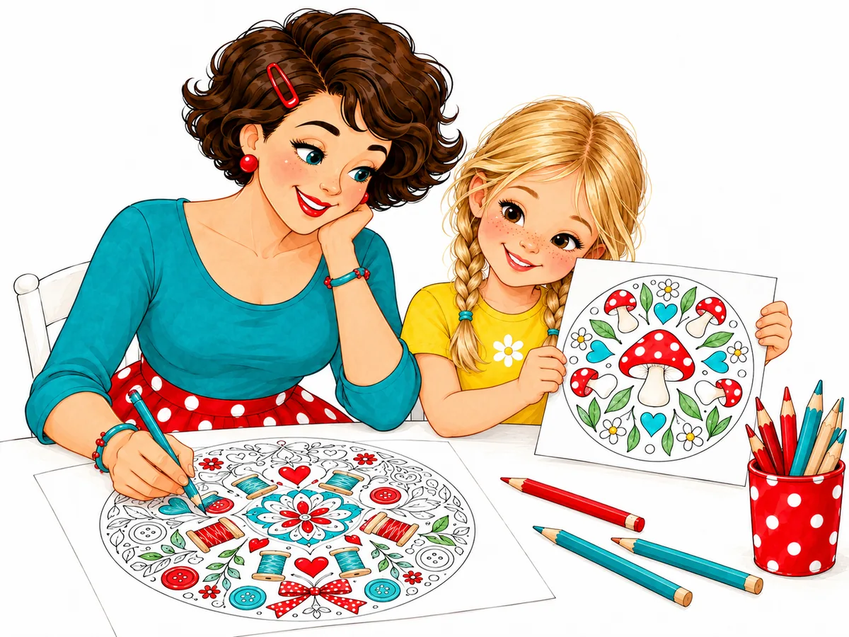Ein Mädchen zeigt Tante Ema stolz sein bunt ausgemaltes Pilzmandala.