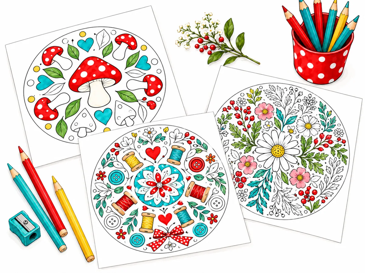 Drei teilweise ausgemalte Mandalas mit Pilzen, Nähmotiven und Blumen neben bunten Stiften.