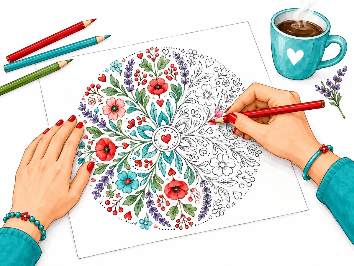 Hände mit roten Fingernägeln malen ein Blütenmandala mit Mohnblumen und Lavendel mit rotem Buntstift aus