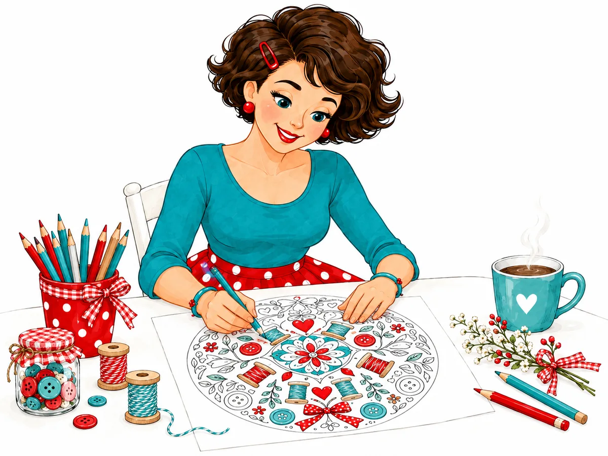 Eine Frau mit roten Locken malt ein Näh-Mandala mit Garnspulen und Knöpfen mit türkischem Buntstift aus
