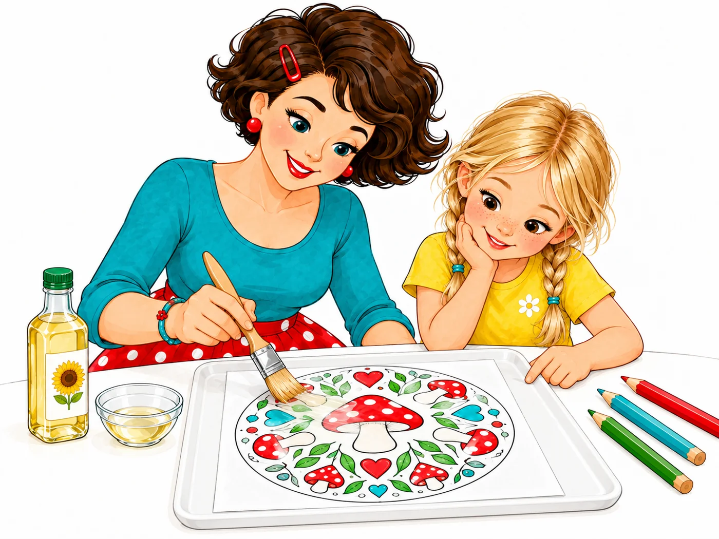 Tante Ema und ein Kind bestreichen gemeinsam ein ausgemaltes Mandala dünn mit Speiseöl.