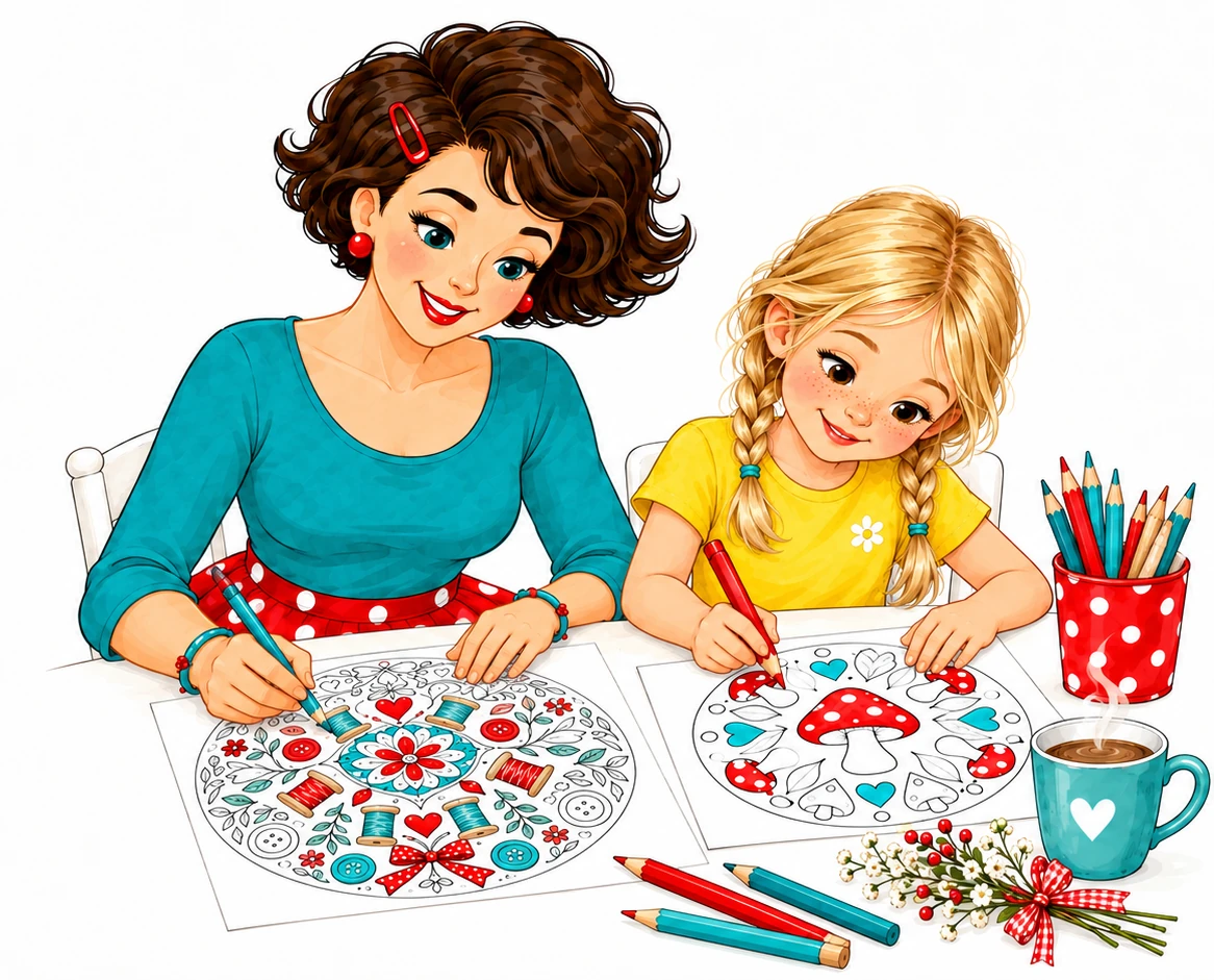 Tante Ema und ein blondes Mädchen malen gemeinsam Mandalas am weißen Tisch aus.